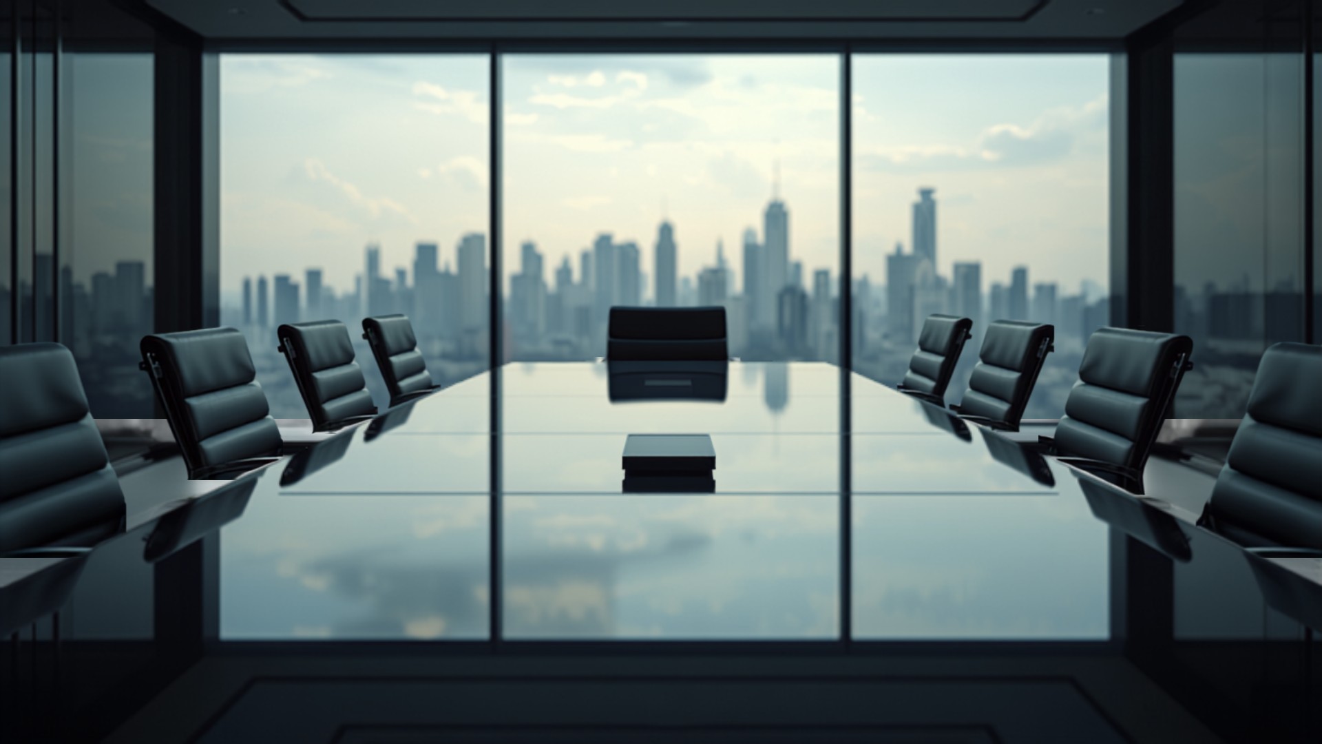 An empty modern boardroom overlooking a city skyline